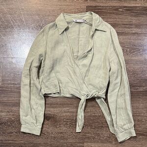 Zara Sage Green Wrap Tie Shirt 100% Linen